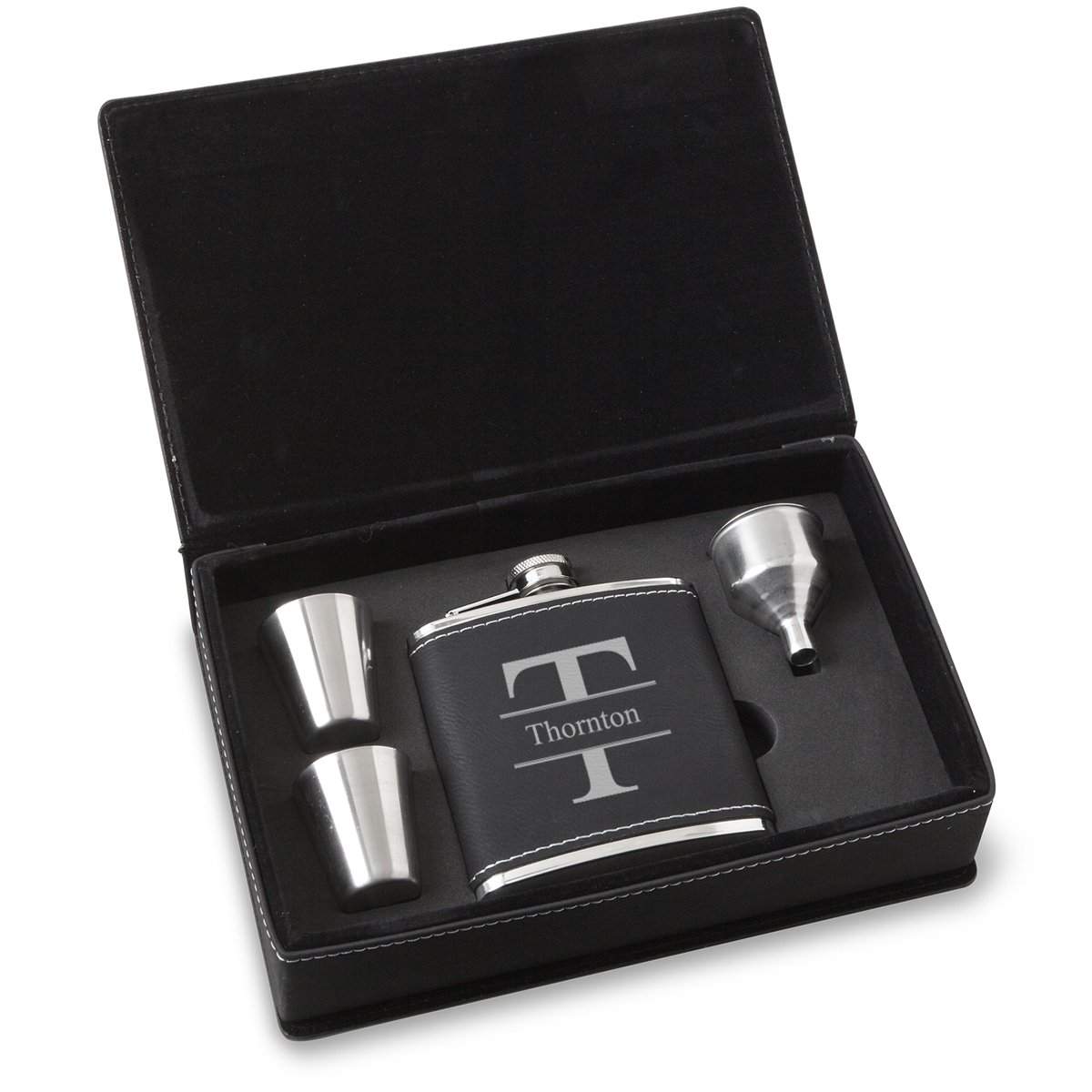 Personalized Black Faux Leather Stainless Steel Flask Gift Set