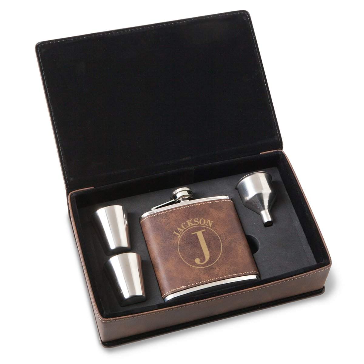 Personalized Rustic Faux Leather Stainless Steel Flask Gift Set