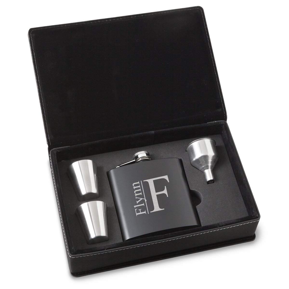Personalized Black Stainless Steel Flask with Faux Black Leather Gift Box Set