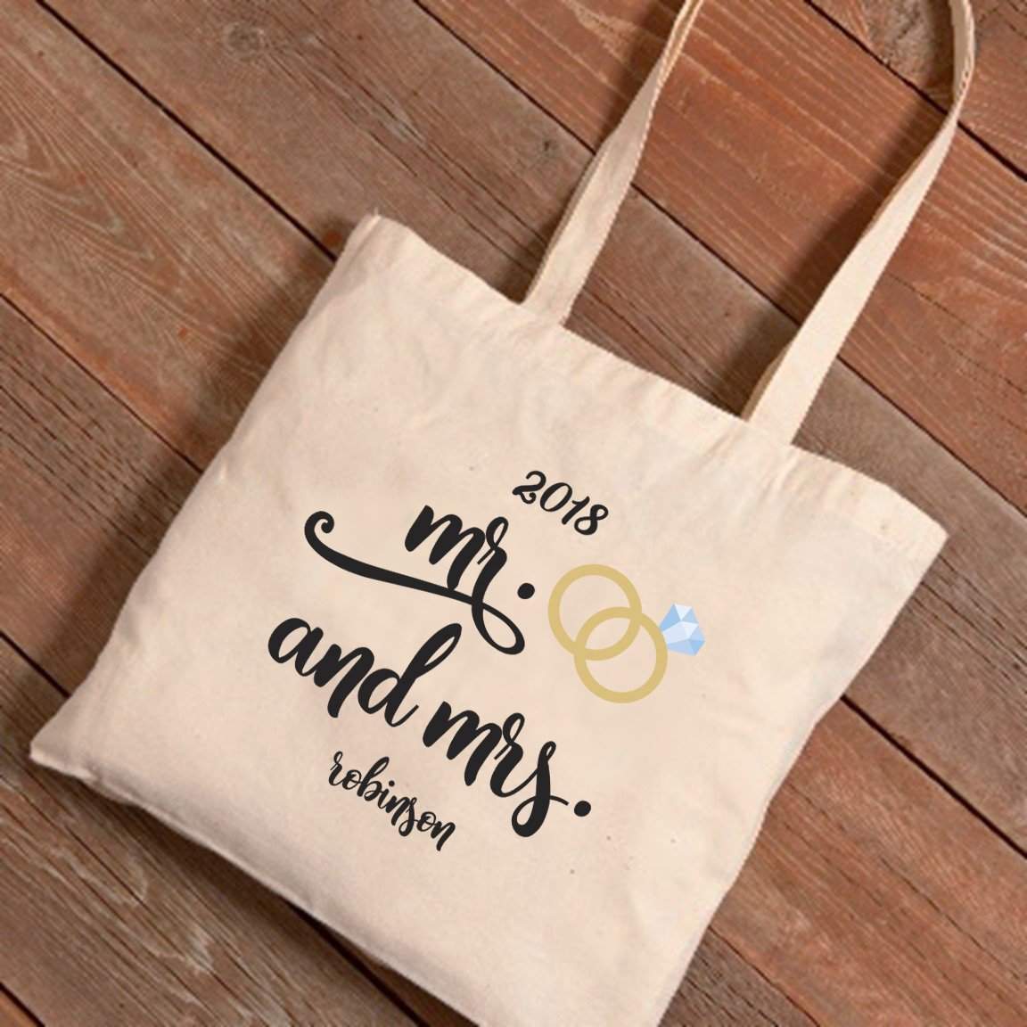 Personalized Mr. &amp; Mrs. Wedding Rings Canvas Tote