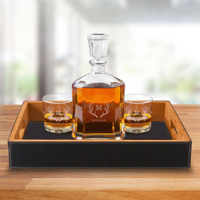 Personalized Decanter Set with Black Serving Tray & 2 Lowball Glasses - Antlers - JDS