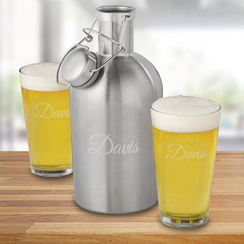 Buy Personalized Stainless Steel Growler Set with 2 Pint Glasses