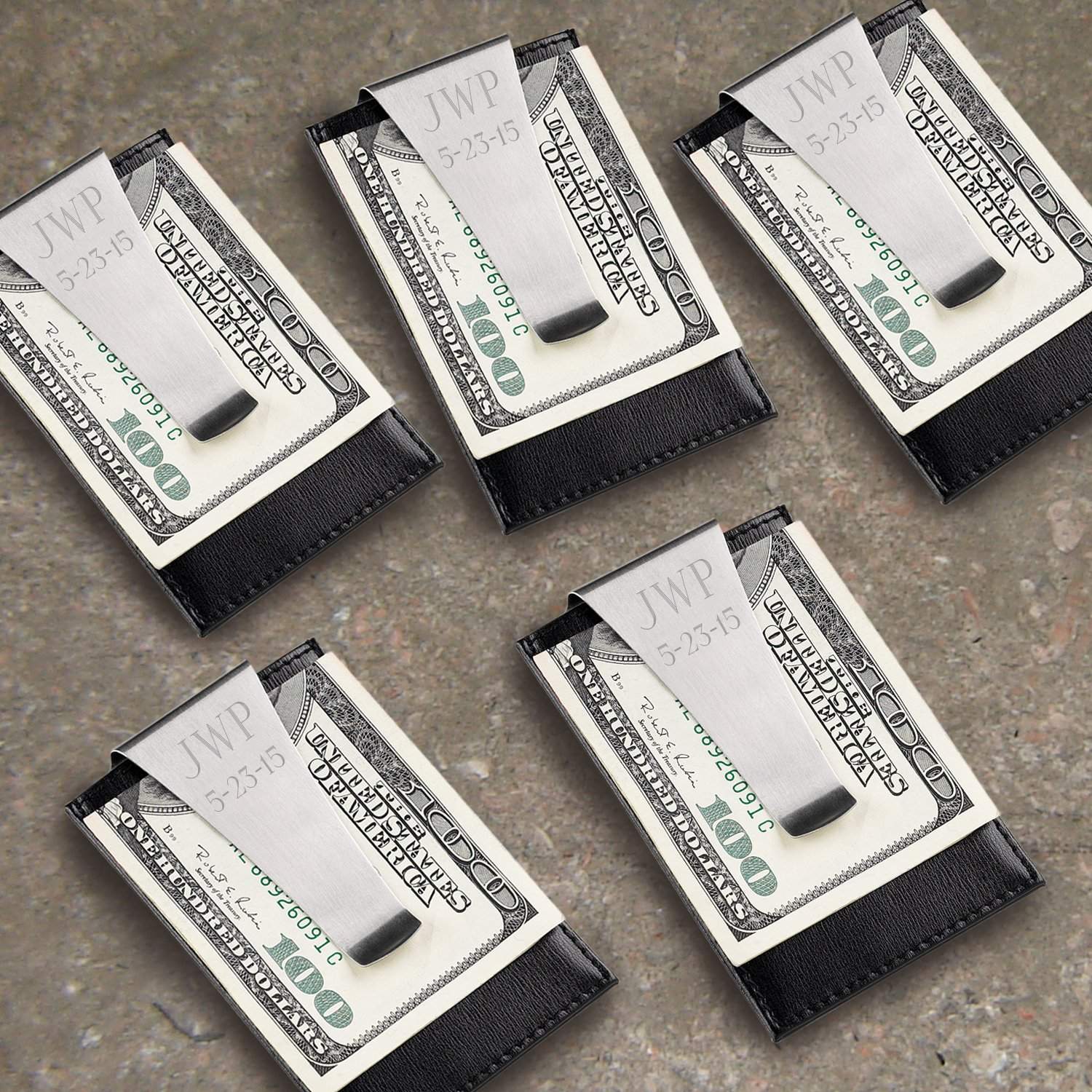 Set of 5 Engraved Leather Money Clip Wallet Card Holder