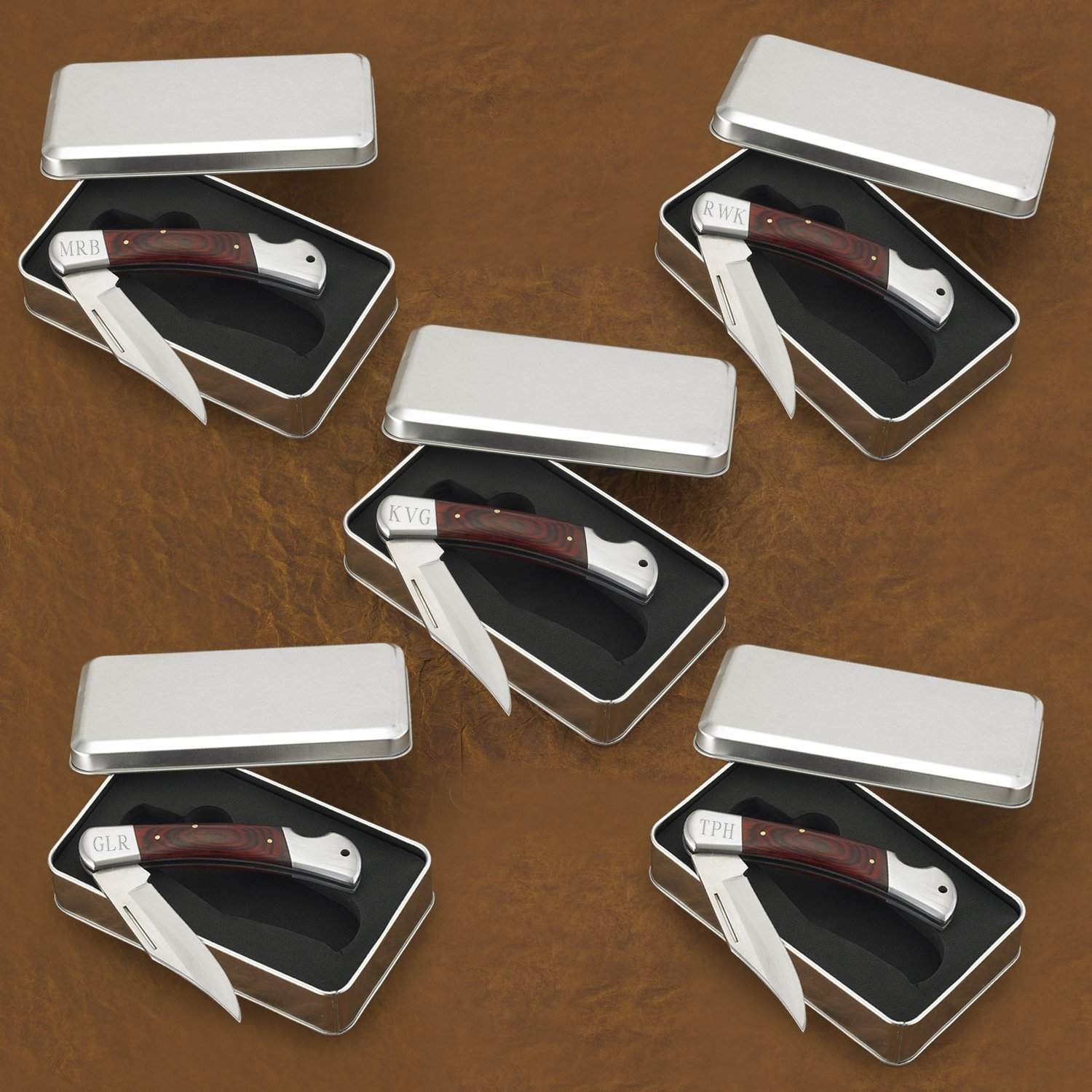Set of 5 Personalized Engraved Hard-Wood Handle Locking Pocket Knife