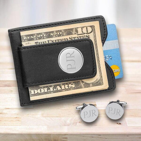 Buy Personalized Black Leather Money Clip & Pin Stripe Cuffllinks Set