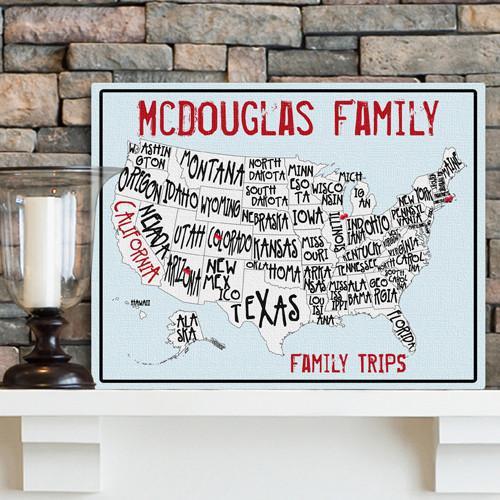 Personalized Family Travel Map Canvas Sign