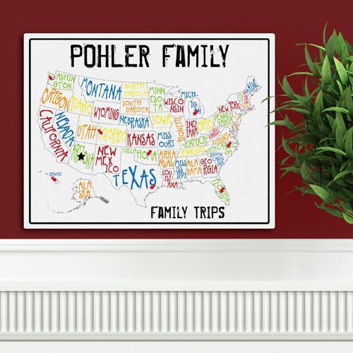 Personalized Family Travel Map Canvas Sign