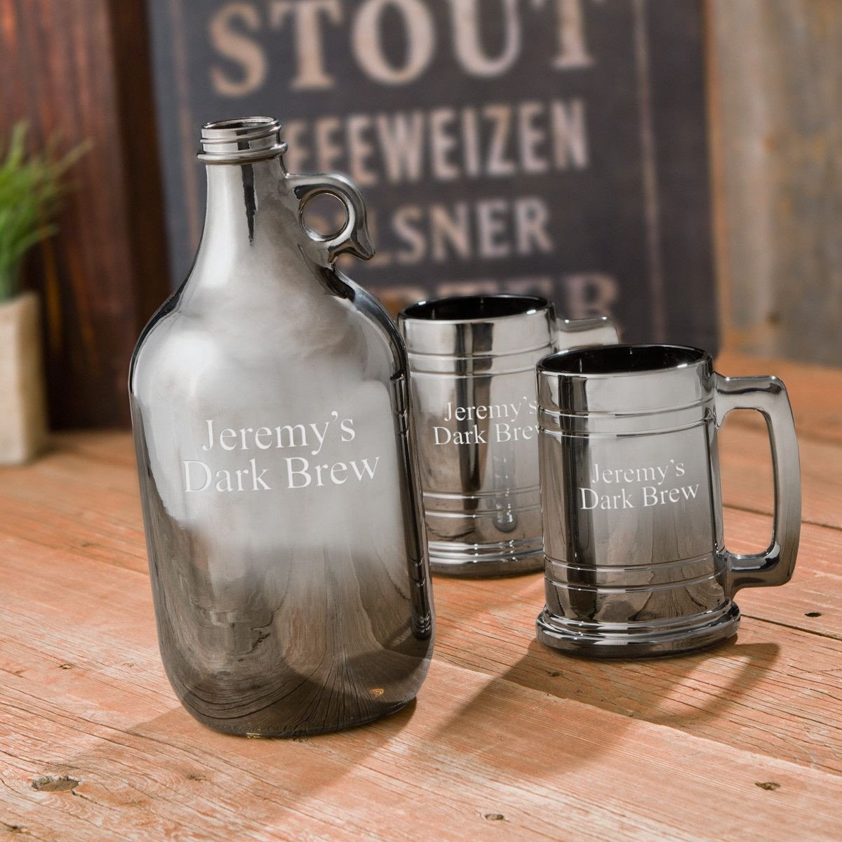 Personalized Gunmetal Growler & Beer Mug Set