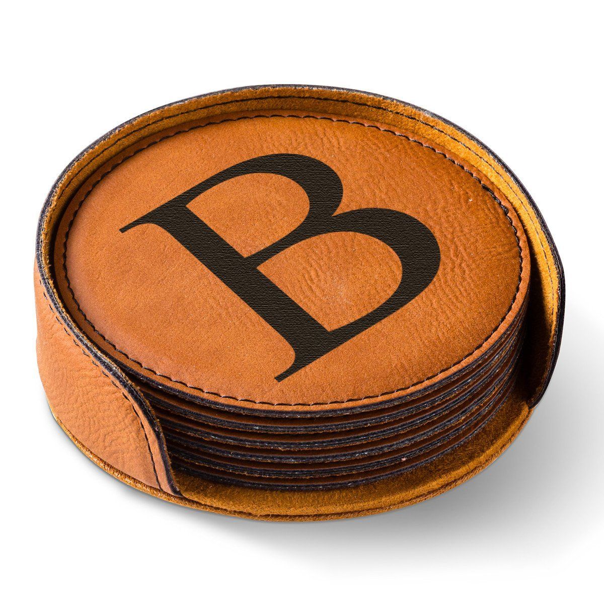 Personalized Round Leatherette Coaster Set - Available in Black, Dark Brown, Light Brown, and Rawhide