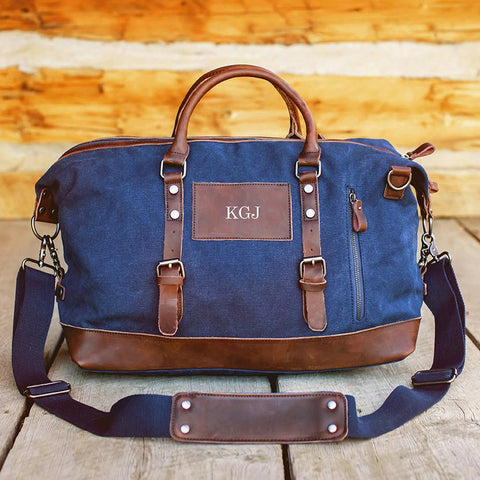 Buy Personalized Blue Canvas and Leather Duffle Bag