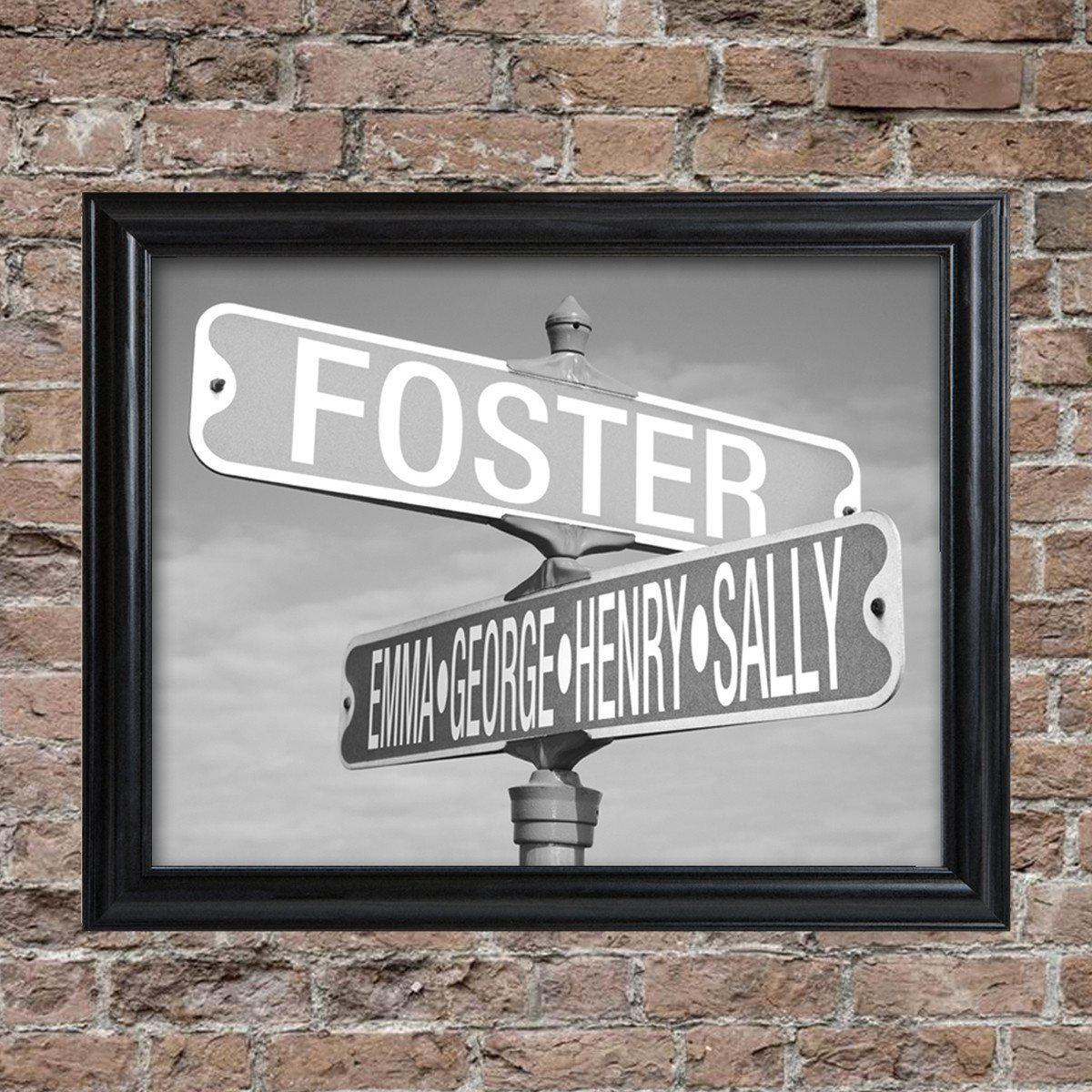 Personalized Framed Black and White Intersection Street Sign Print