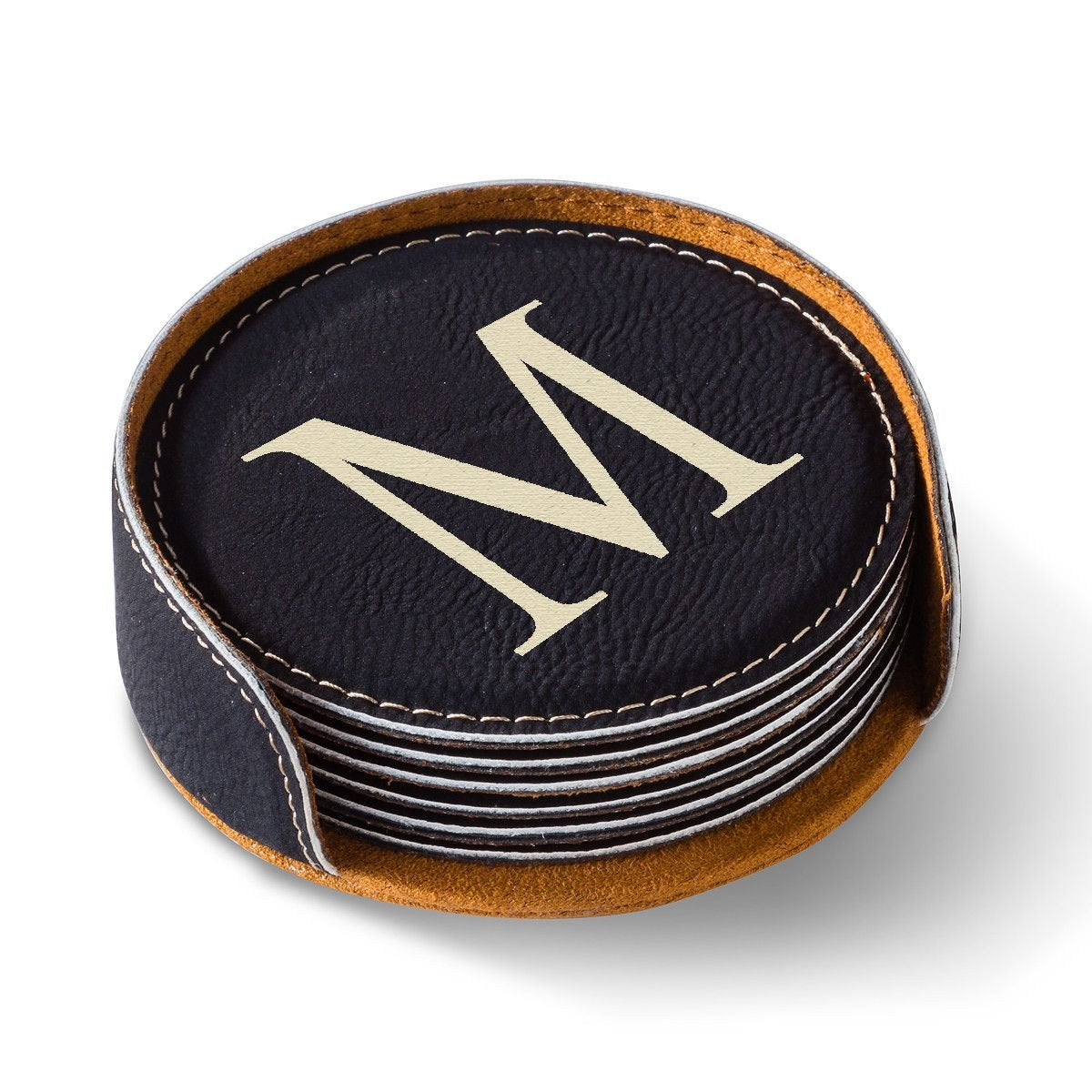 Personalized Round Leatherette Coaster Set - Available in Black, Dark Brown, Light Brown, and Rawhide