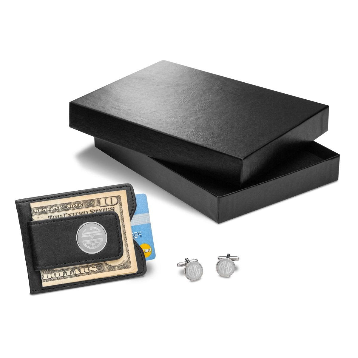 Personalized Black Leather Wallet &amp; Monogrammed Cufflinks Gift Set