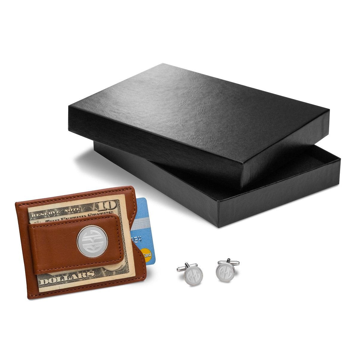 Personalized Brown Leather Wallet & Monogrammed Cuff Links Gift Set