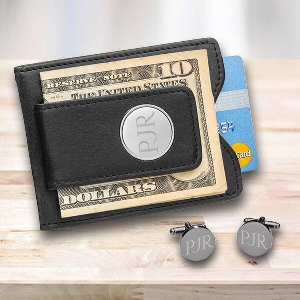 Personalized Black Leather Money Clip &amp; Gunmetal Cuff Links Gift Set