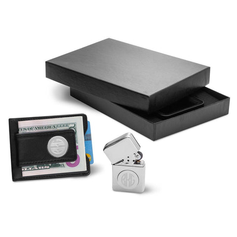 Buy Personalized Black Leather Wallet & Chrome Lighter Set