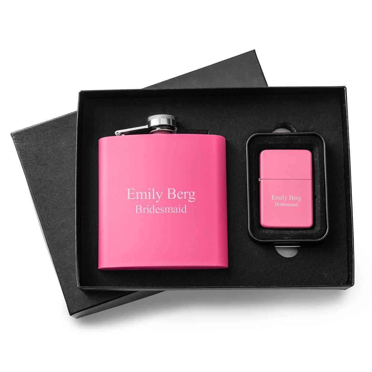 Personalized Pink 6 oz Matte Flask  & Lighter Gift Set