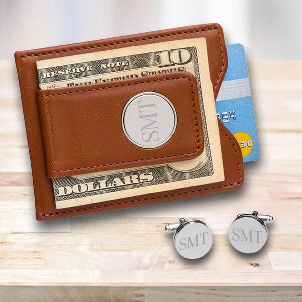 Personalized Brown Leather Money Clip/wallet Allet & Pin Stripe Cuff Links Gift Set