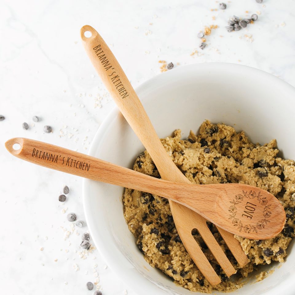 Image of Personalized Wooden Floral Spoon and Fork Set