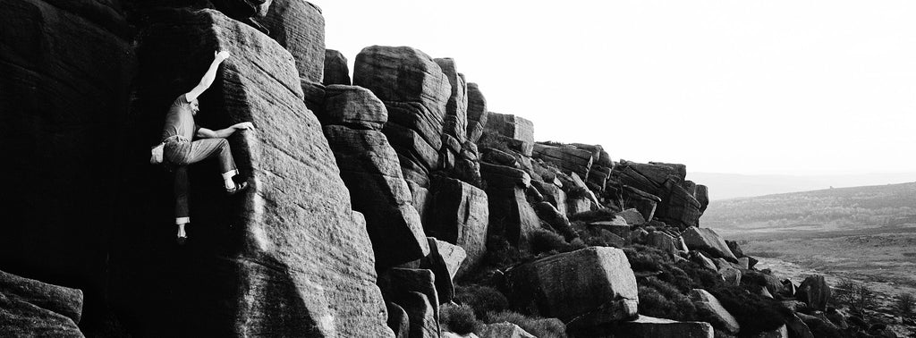 John Coefield on Classic Arete at Burbage South Dave Parry Grit Blocs