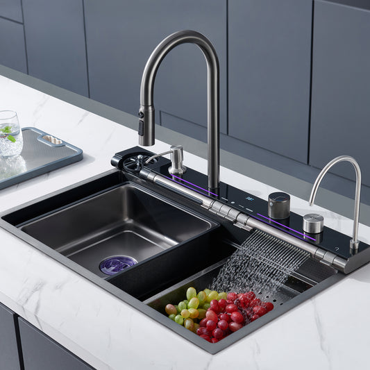 Pehohe Kitchen Sinks Waterfall Kitchen Sink Set 304 Stainless Steel Nano  Sink Home Sink Vegetable Basin with Pull-Out Faucet,Add Pressurized Sink