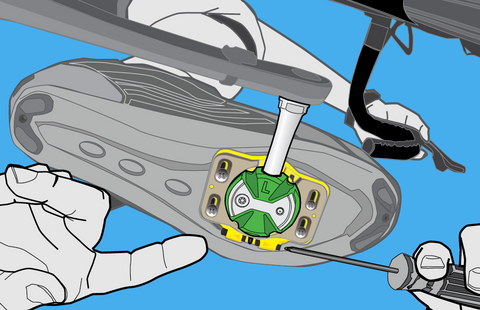 Digital illustration of a screwdriver working on a cleat on a cycling shoe