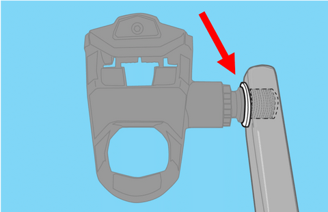 Illustration of pedal on crank with a pedal washer installed