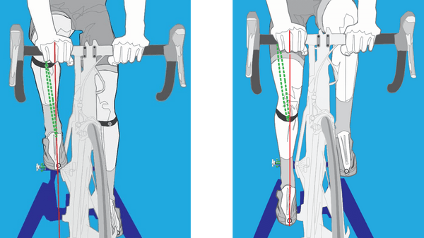 Side by side illustrations of cyclists to compare leg and knee alignment