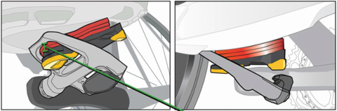 Digital illustration that shows a leg length shim the same size as the cleat and interaction with the pedal