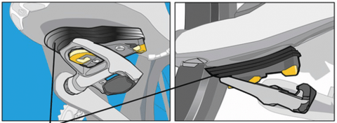 Digital illustration that shows a leg length shim extending too far beyond the cleat causing issues with the pedal