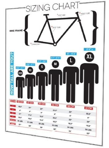 Example of a bike sizing chart with rider heights