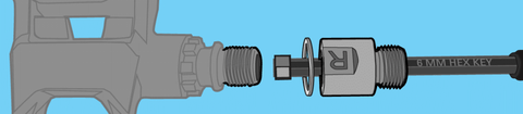 Illustration of an extender being installed with a hex wrench on a pedal spindle