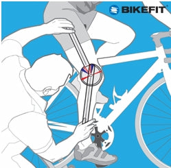 Illustration of cyclist on a bike being measured with a Goniometer to measure knee angle