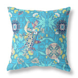 28" X 28" Blue And Turquoise Broadcloth Floral Throw Pillow