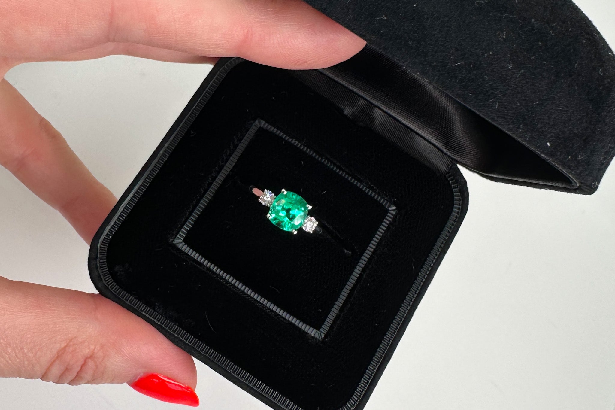 Green Colombian Emerald and Diamond Engagement Ring by Valentina Fine Jewellery Hong Kong USA