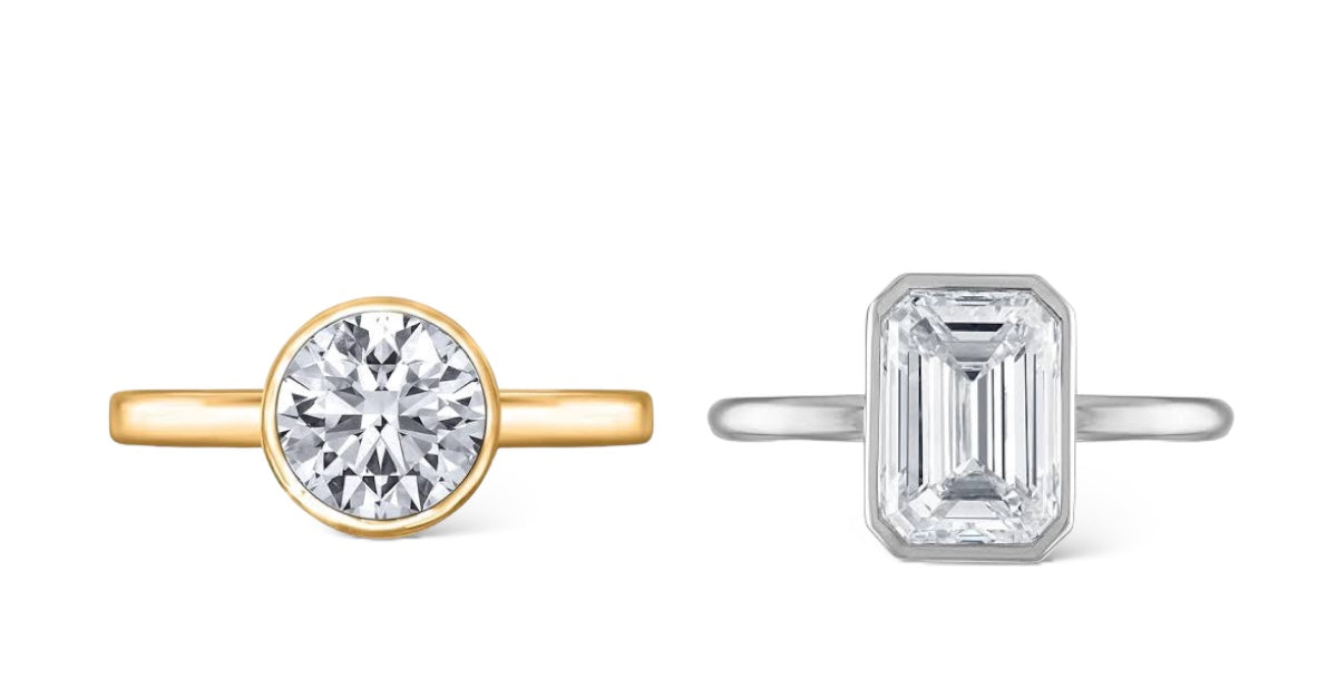 Yellow gold and white gold diamond bezel set engagement rings, emerald cut and round cut, USA UK Australia Hong Kong Taiwan