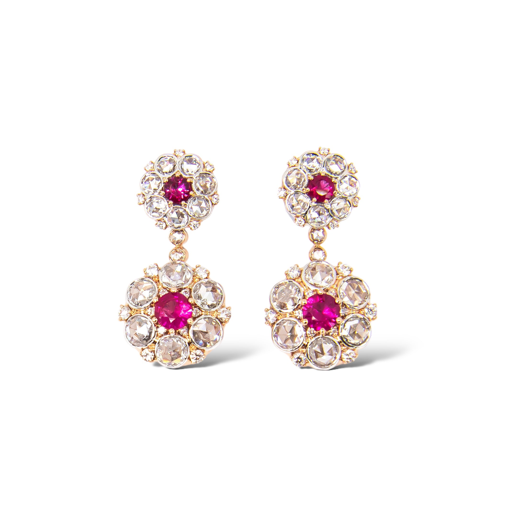 Ruby and rose cut diamond antique cluster style earrings Hong Kong USA. 18K Rose Gold