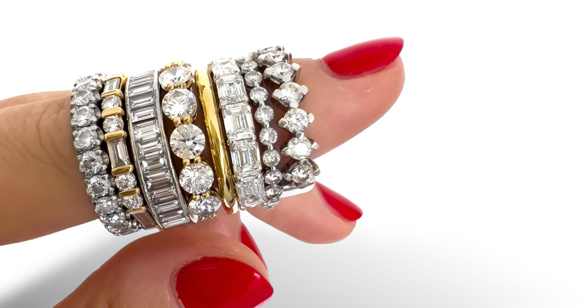 Eternity rings in platinum and gold with diamonds and gemstones, fancy cut and round