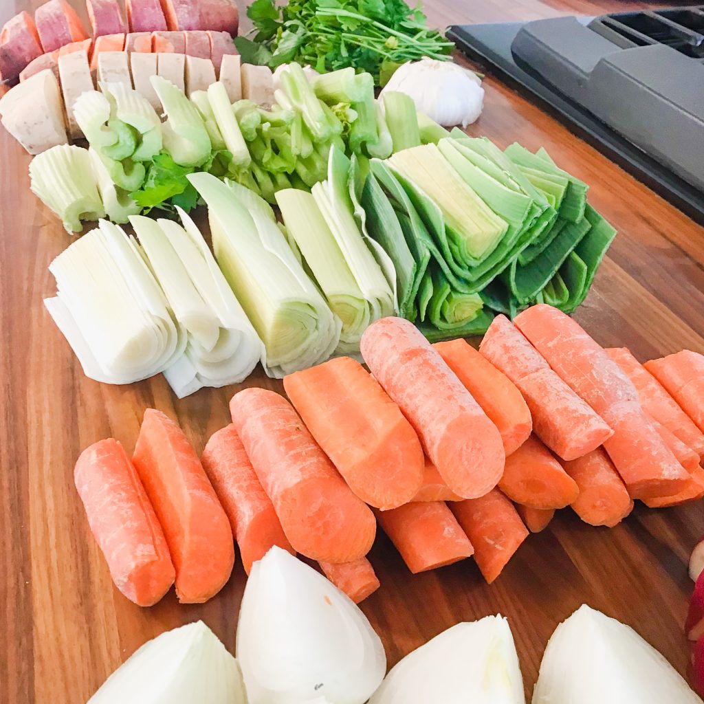Mineral Broth Ingredients: Onions, Carrots, Leeks, Red Potatoes, Yam, Sweet Potatoes, Celery, Parseley