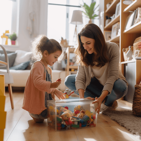 child helping mom declutter