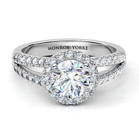 Ceduna - Engagement ring with a split band & halo of diamonds around the centre round diamond 