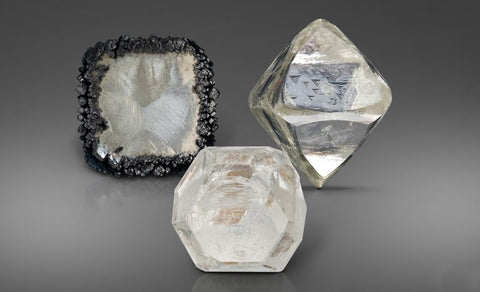 Different growth methods result in various diamond crystal shapes. Pictured here are a CVD (left), HPHT (middle), and natural diamond crystal (right)