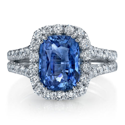 Simona - Cushion cut Ceylon Blue Sapphire and Diamond Ring 