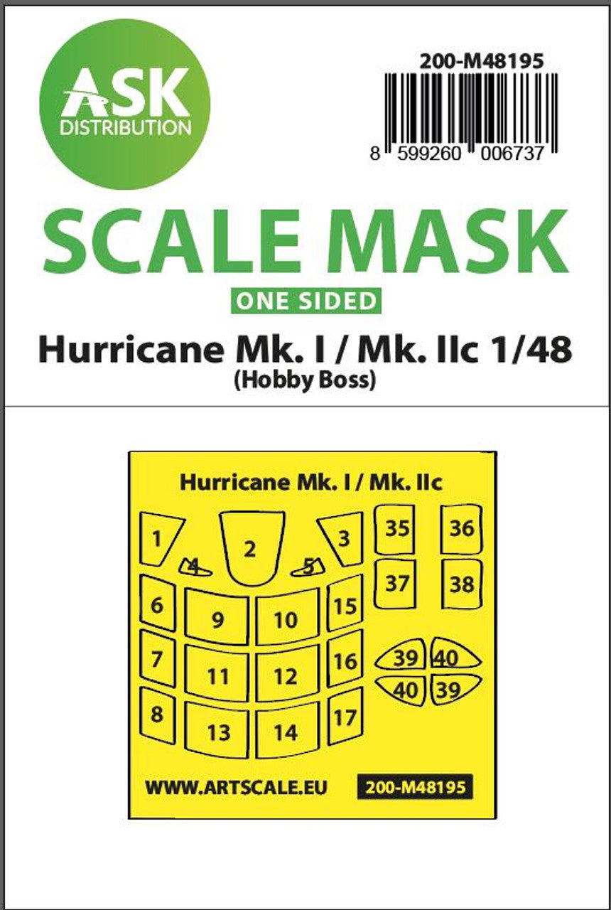 Art Scale 1/48 Art Scale Hawker Hurricane Mk.I / Mk.IIc one-sided express fit mask for Hobby Boss