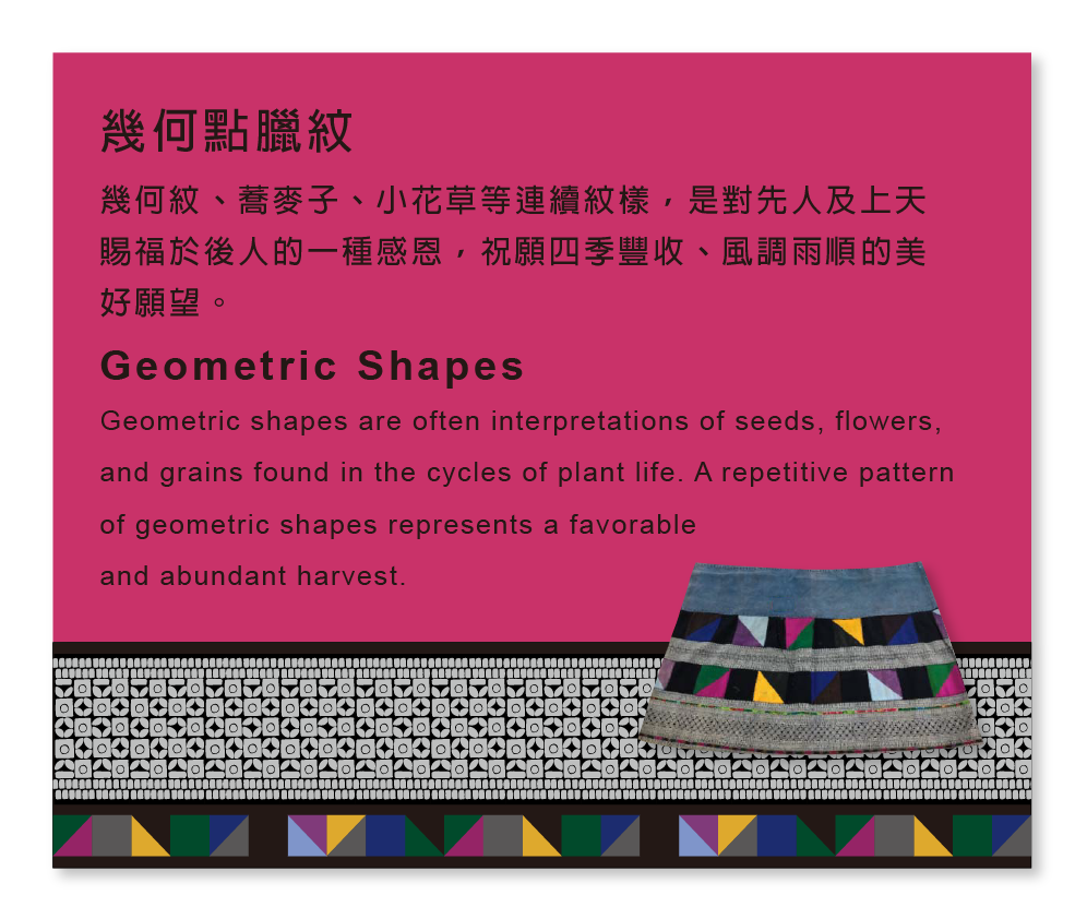 幾何點臘紋 幾何紋、蕎麥子、小花草等連續紋樣，是對先人及上天 賜福於後人的一種感恩，祝願四季豐收、風調雨順的美 好願望。
