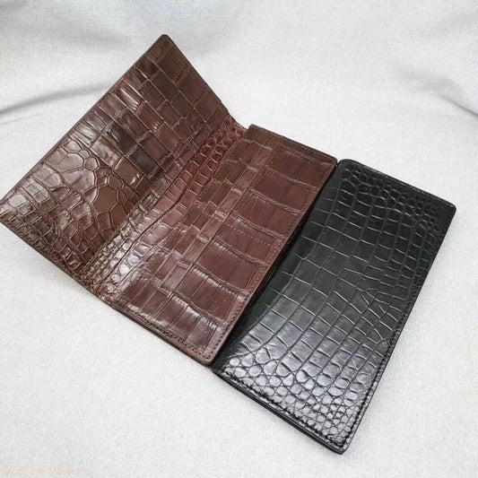 Double Side Handmade Genuine Crocodile Leather Skin Men Long Wallet Dark Brown