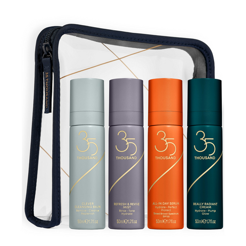 35 Thousand All the Radiance Travel Set with Clear Travel Bag, Clever Cleansing Balm, Refresh & Revive Mist, All-In Day Serum mineral SPF 30, Really Radiant Cream