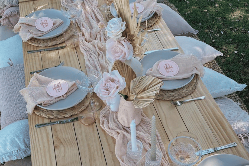 rustic style table setting with light pink accessories