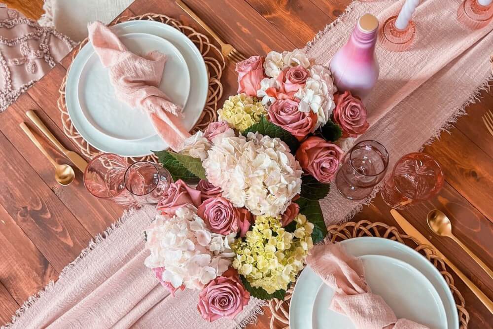top view of blush pink rustic wedding table decorations