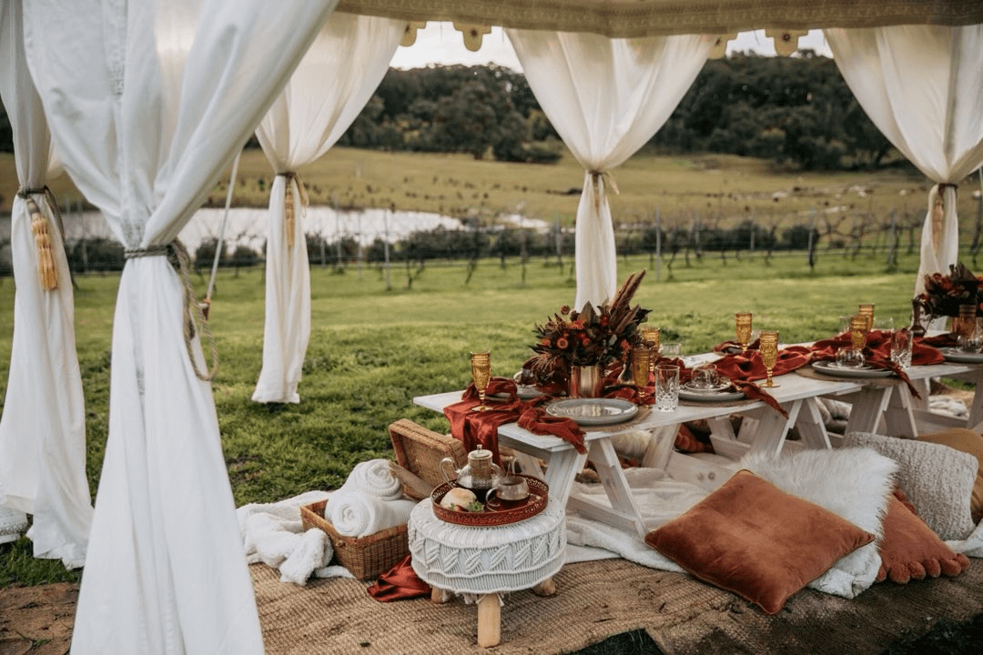 rustic-inspired wedding table setup in country-side farm
